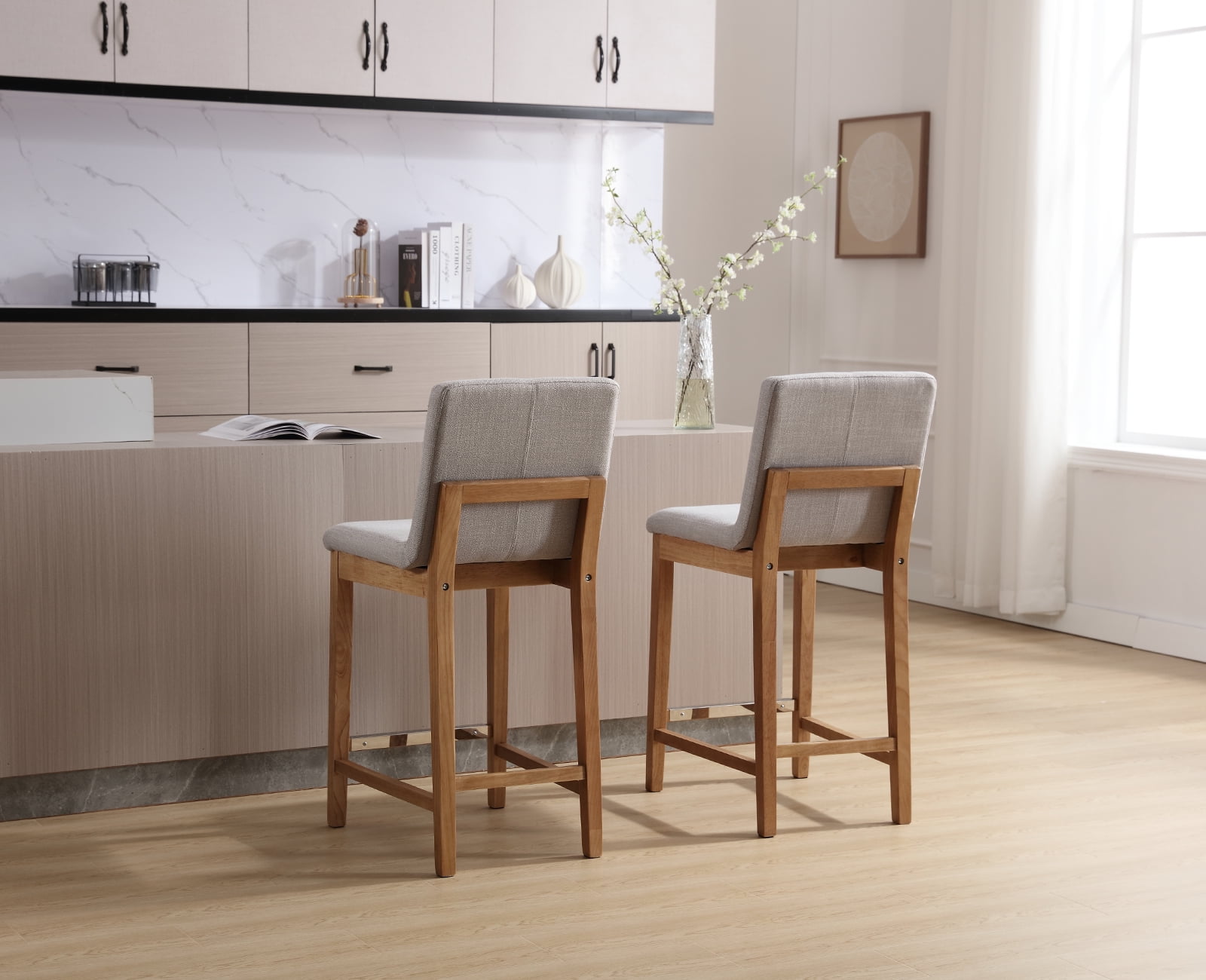 Guyou 26" Counter Height Bar Stools Set of 2, Modern Linen Upholstered Barstools, Rustic Farmhouse Wooden Kitchen Island Chairs with Backrest and Footrest for Dining Room Home Bar Patio Club, Grey