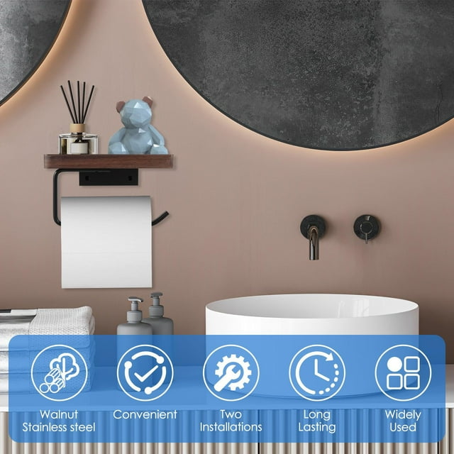 Bathroom Storage Solution Wood Toilet Paper Holder With Shelf in Black Walnut Wood Built-In Bar for Tissue Phone and Towels Wall Mounted Bathroom Fixture for Everyday Use