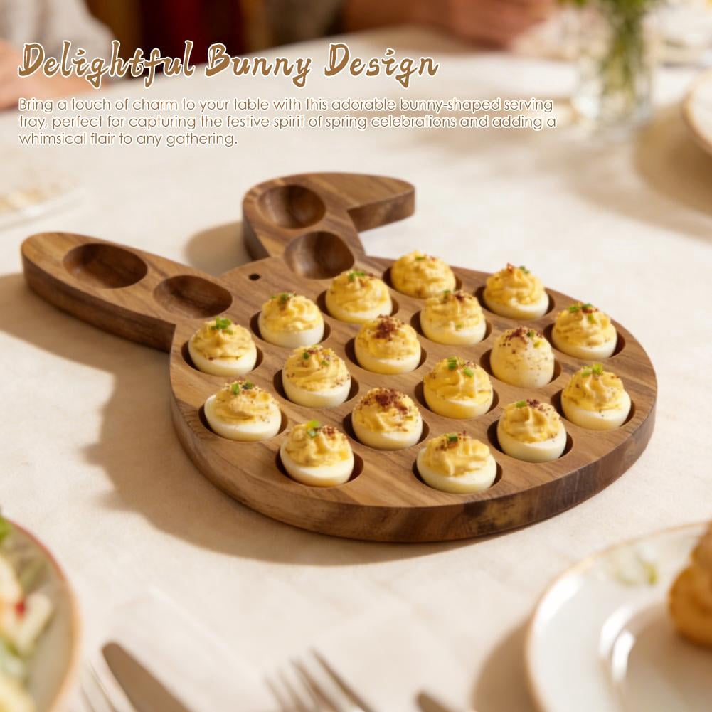 Wooden Deviled Egg Tray Bunny Shaped Deviled Egg Platter Holds 21 Eggs Double Sided Wood Charcuterie Board for Easter Spring Holiday Party Countertop Appetizer Serving Container