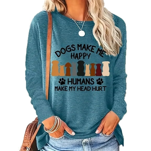 ZEHJUHAN Women's Dog Lover Sweatshirt - "Dogs Make Me Happy" Print Long Sleeve Crewneck Top For Spring Fall Green,S