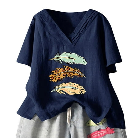 

Womens Plus Size Cute Print Tops Short Sleeve Summer Tops for Leggings Casual Loose Fit V-neck Pullover Blouse Shirts with Split Hem S-3XL