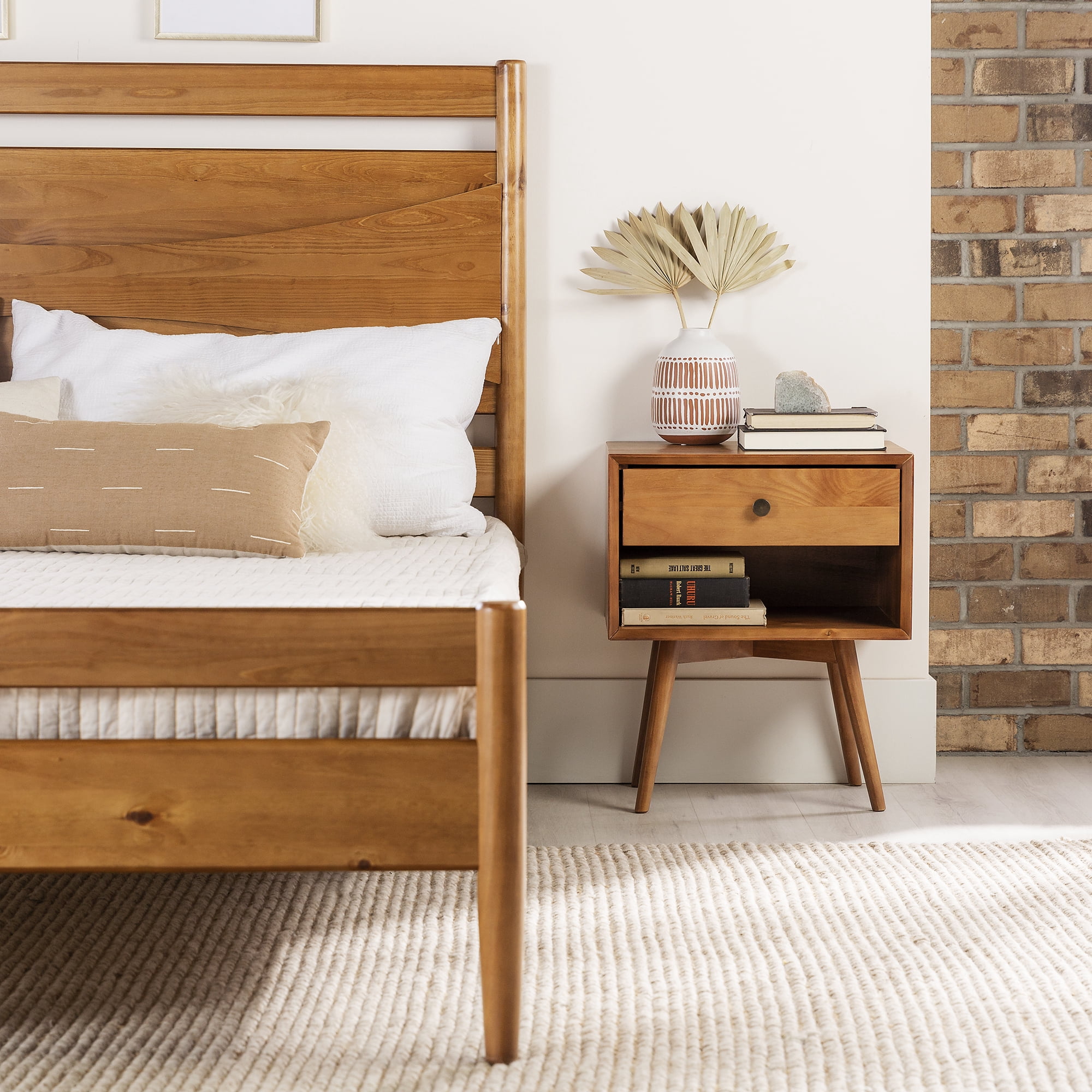 Walker Edison Mid Century Modern Wood Platform Queen Bed Frame, Caramel