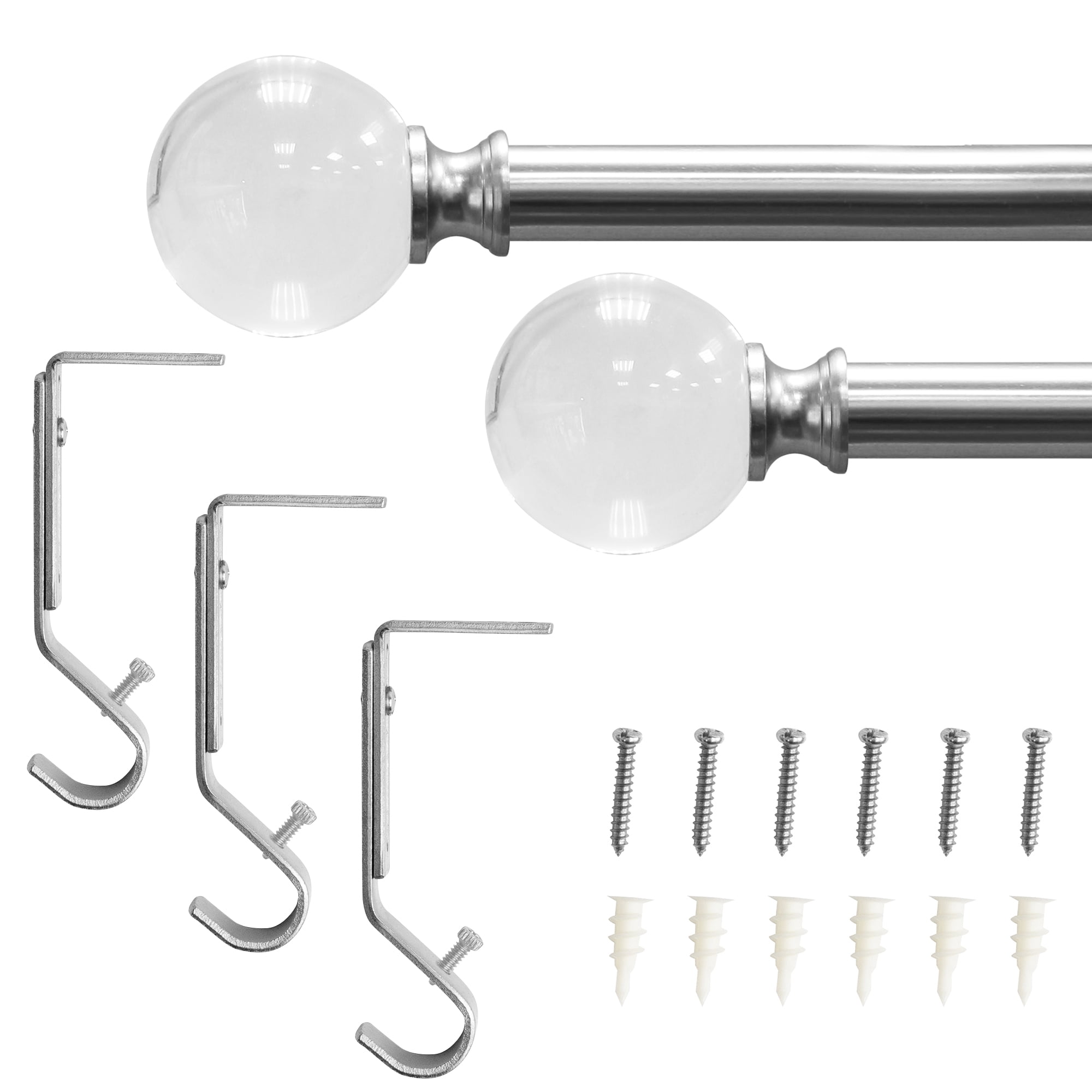 Lumi 3/4" Acrylic Ball Single Curtain Rod Set, Brushed Nickel, 66"-120"