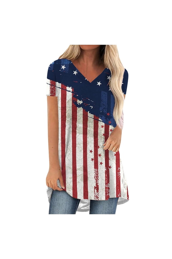 Womens 4th of July Tops Independence Day Popular American Flag Printed T-shirt V Neck Short Sleeve Summer Loose Fitting Tee Tops Blouses White S