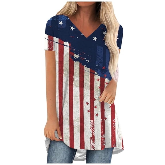 QLEICOM Womens 4th of July Tops Independence Day Popular American Flag Printed T-shirt V Neck Short Sleeve Summer Loose Fitting Tee Tops Blouses White S