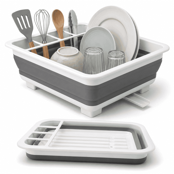 Collapsible Dish Drying Rack, Portable 4-Compartment Dish Drainer with Drainboard, Utensil and Plate Organizer, Space-Saving Kitchen Storage Tray for Counter, RV, Camper, Travel Trailer