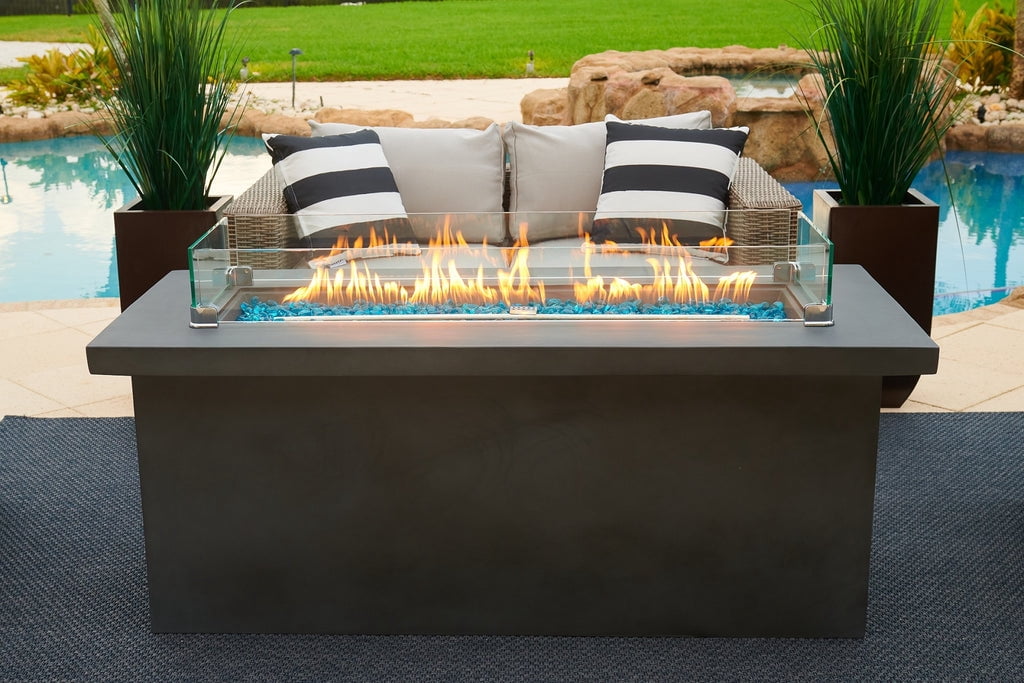 AKOYA Outdoor Essentials – 60" Rectangular Chat Height Outdoor Propane Gas Concrete Smokeless Fire Pit for Patio, Table with Glass Guard and Crystals in Gray (Amber)