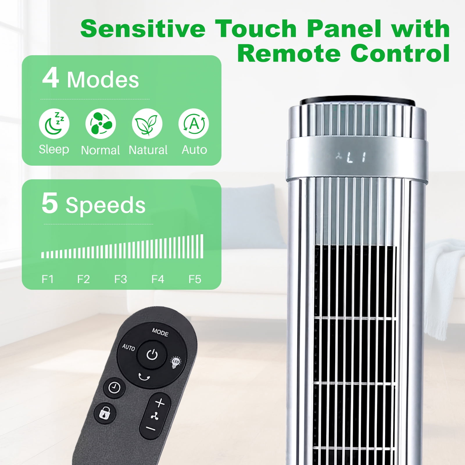 Quiet Tower Fan for Bedroom, Oscillating Fan with Child Lock & Night Light, 28dB, 12H Timer and Remote, 5 Speeds Cooling Fan for Nursery and Home,Silver