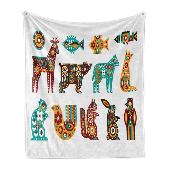 Squirrel Soft Flannel Fleece Throw Blanket, Scandinavian Folk Style Motifs Deer Fish Rabbit on Plain Background, Cozy Plush for Indoor and Outdoor Use, 50" x 60", Ruby Jade Green Orange, by Ambesonne