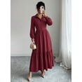 thumbnail image 2 of Burgundy Button-Front Shirt Dress Women Long Sleeve Notch Lapel Tiered Ruffle Midi Elegant Casual, 2 of 6