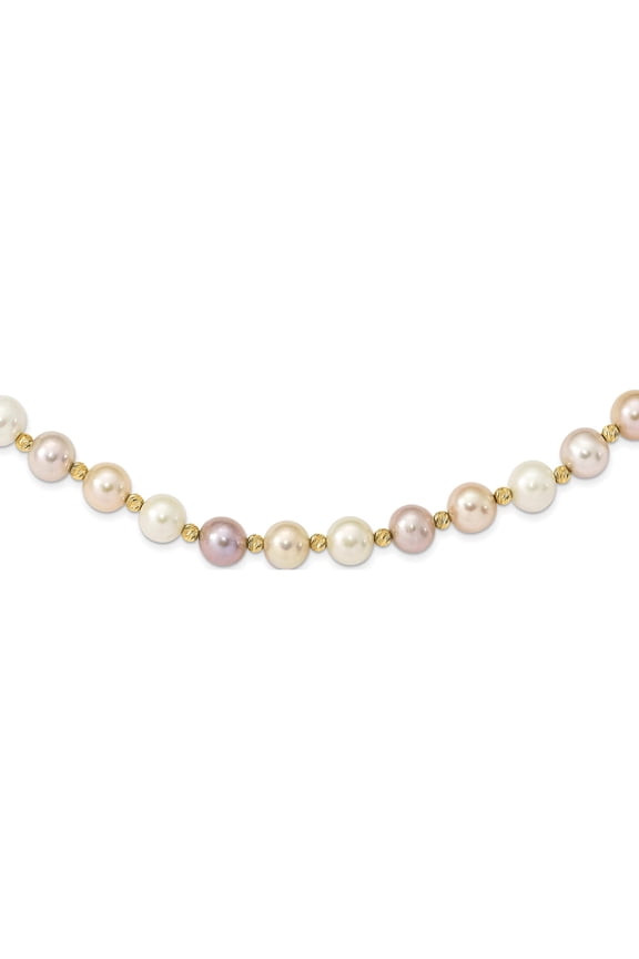 14K Yellow Gold 8-9mm Semi-Round Pink/Purple/White Fwc Pearl D/C Beaded Necklace (18 X 8.5) Made In Canada xf768-18