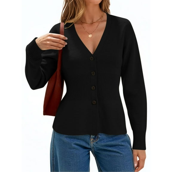 IROINNID Womens Fashion V Neck Cardigan Sweater Long Sleeve Elastic Waist Knitted Top Elegant Soft Comfortable Versatile Wardrobe Staple for Casual Outfits(Black,M)