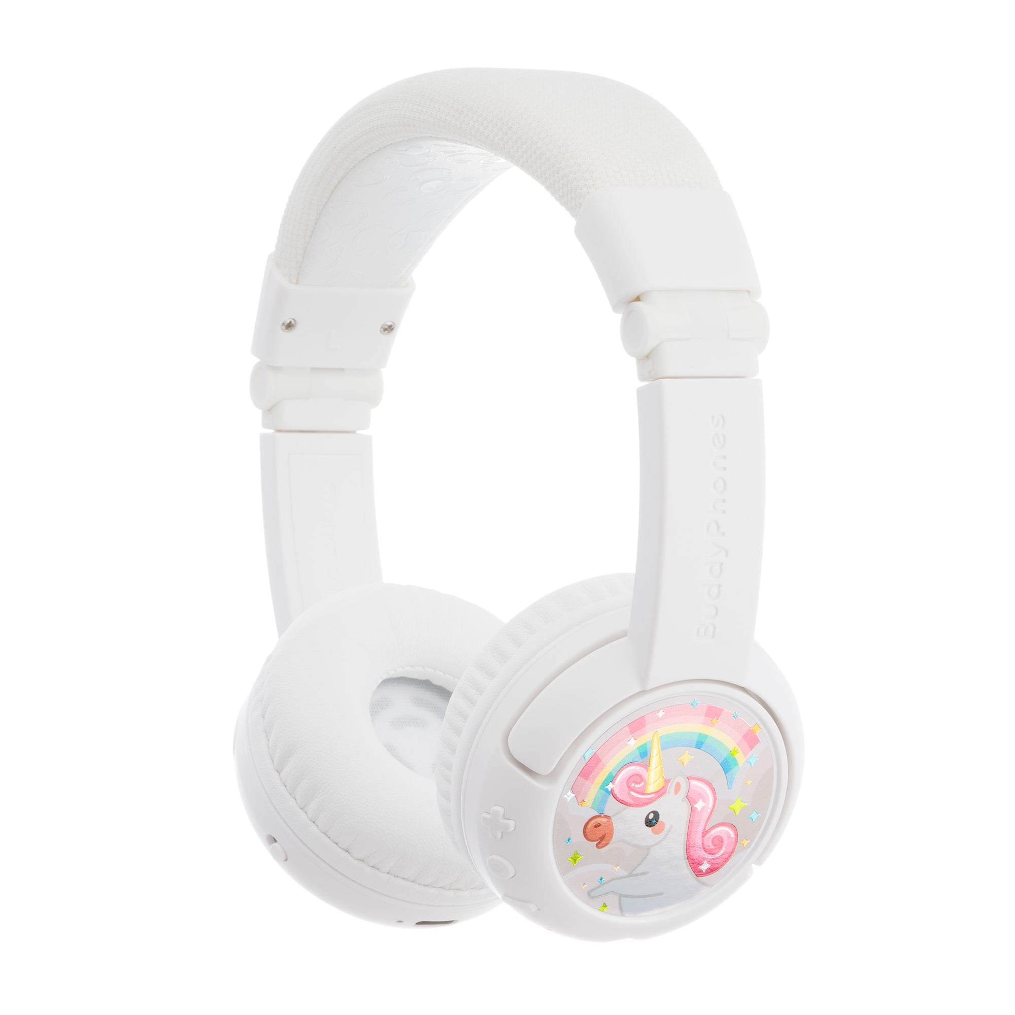 BuddyPhones Play+, On-Ear Bluetooth Wireless or Wired Foldable Kids Headphones with Mic, 3 Volume Limiting Settings, Voice Enhance StudyMode, 20-Hours Battery, Customizable Stickers, Snow White