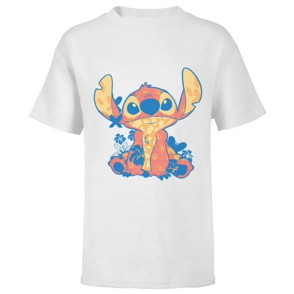 Disney Lilo & Stitch in Hawaiian Floral Print - Short Sleeve T-Shirt for Kids - Customized-White