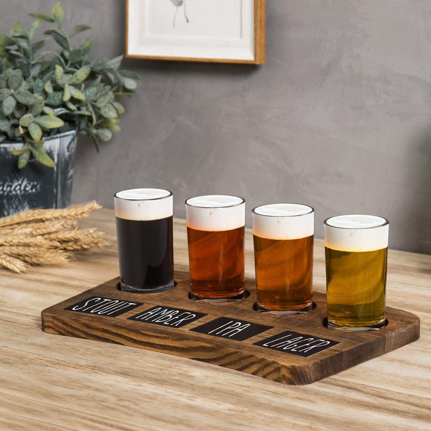 Beer Sampler Tray Torched Wood Serving Set with 4 Glasses and Erasable –  MyGift