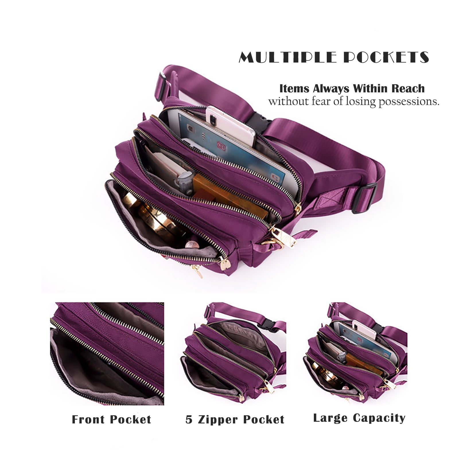 Extra Large Fashion Fanny Pack for Men Women, Waist Bag for Waterproof Hiking Running Biking Gym Outdoor Sports Travel Belt Bag Purple