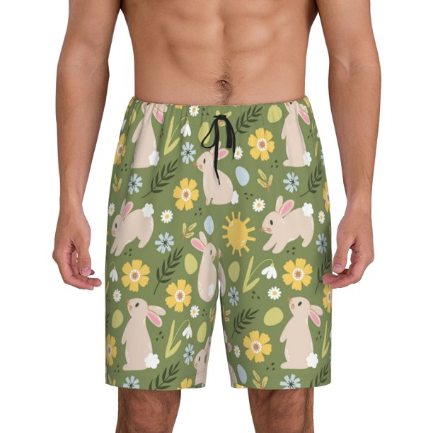 Balery Happy Easter Pantalones cortos de pijama de punto de algodón para hombre con cinturilla y bolsillos-Small