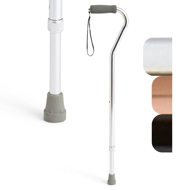 Bastón Medline de aluminio cromado con desplazamiento, se ajusta de 73 a 96 cm y soporta hasta 136 kg. Ayuda a la movilidad y proporciona equilibrio a adultos mayores.