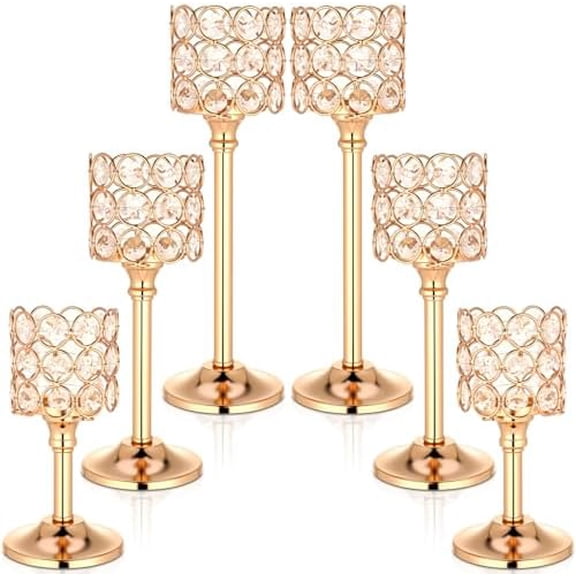 6 Pieces Crystal Candle Holders Set 3 Sizes Tall Crystal Wedding Candlestick Holders Pillar Candelabra Stand for Table Centerpieces for Christmas Party Wedding Dining Decoration (Gold)