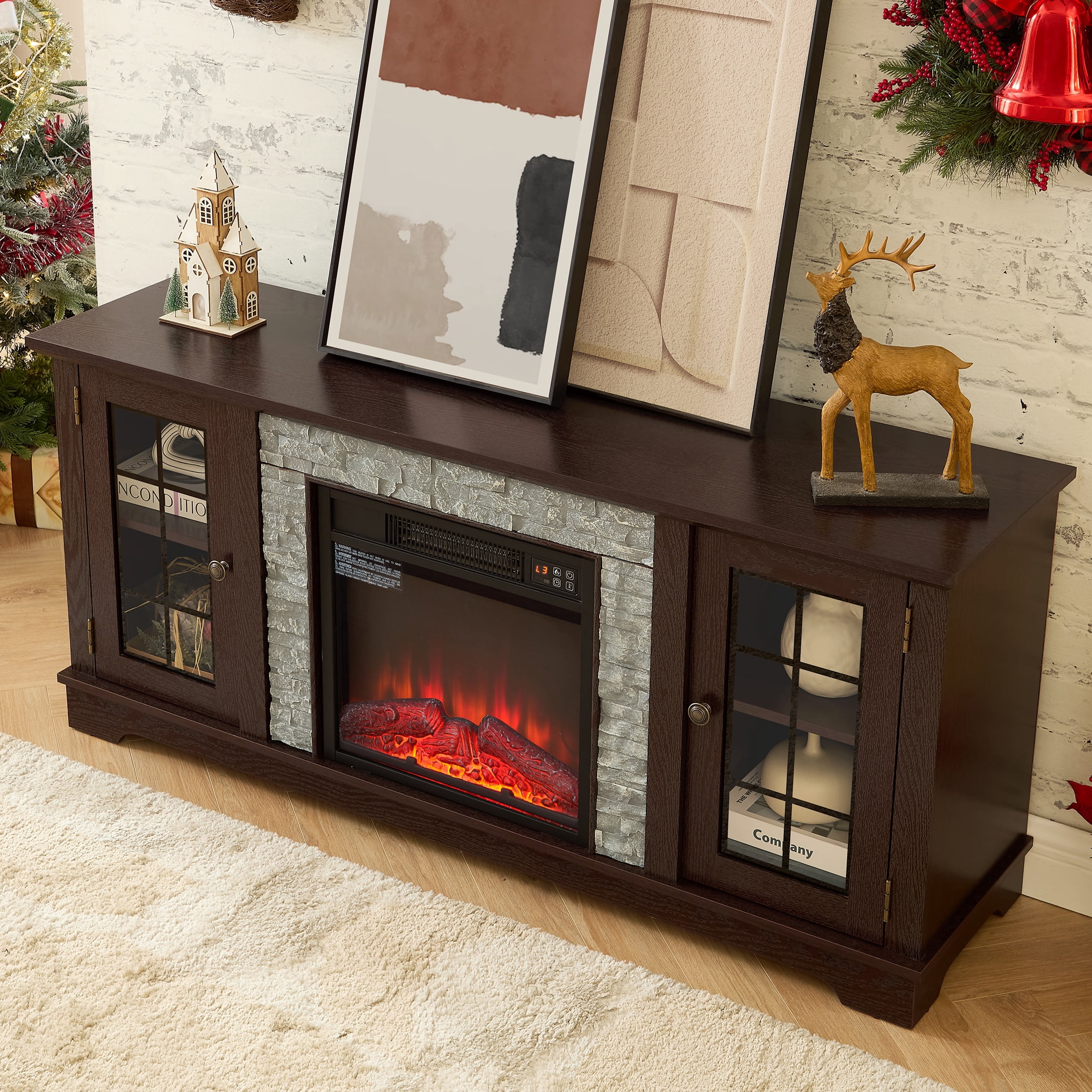 Electric Fireplace TV Stand for 65″ TVs, UHOMEPRO Fireplace Entertainment Center TV Console Table with 18″ Fireplace, 2-Door Storage Cabinets, Holds up to 200 lbs, Cherry