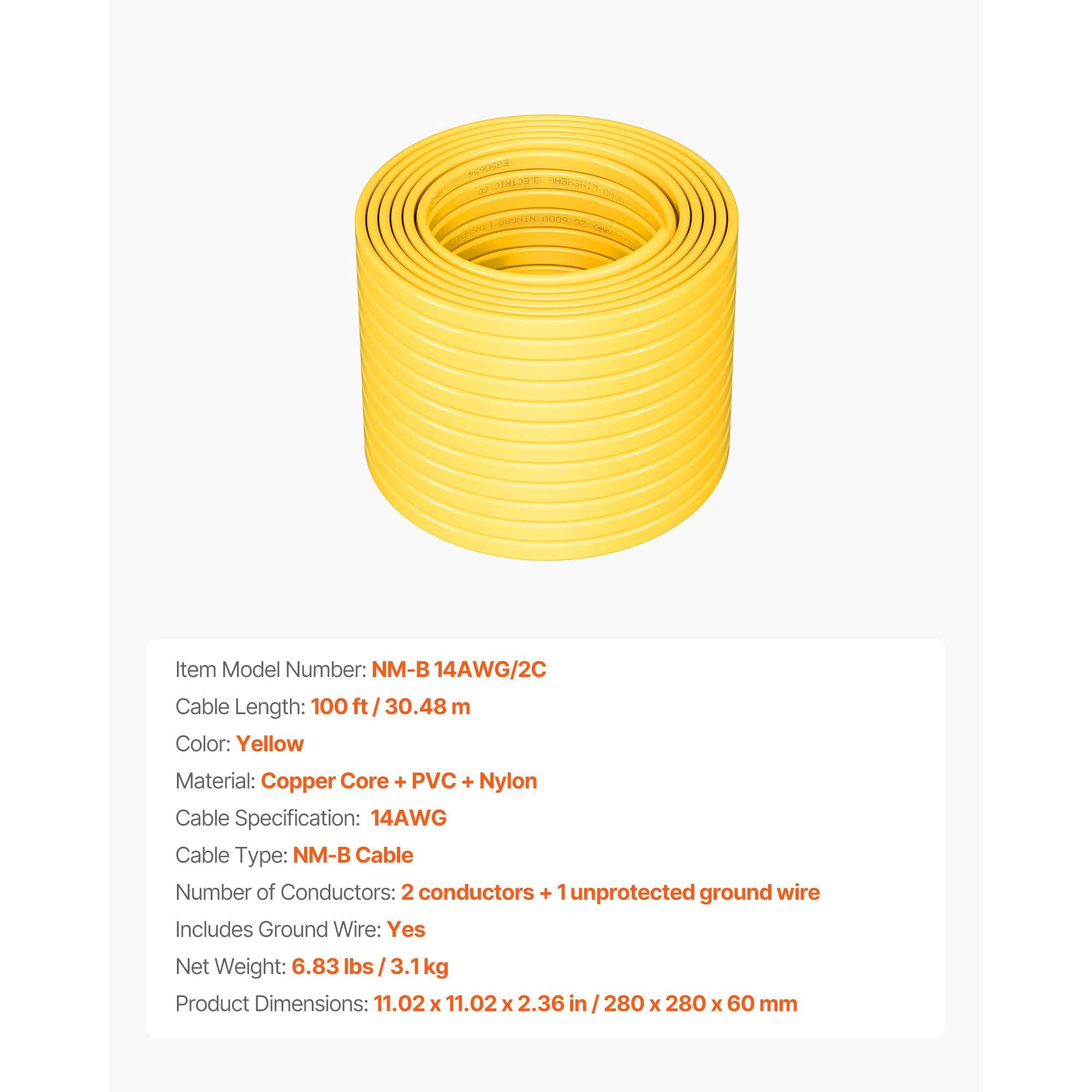 100 FT Copper Core NM-B Cable, High-Purity Copper, Flame Retardant PVC Sheath, for Residential Commercial Wiring