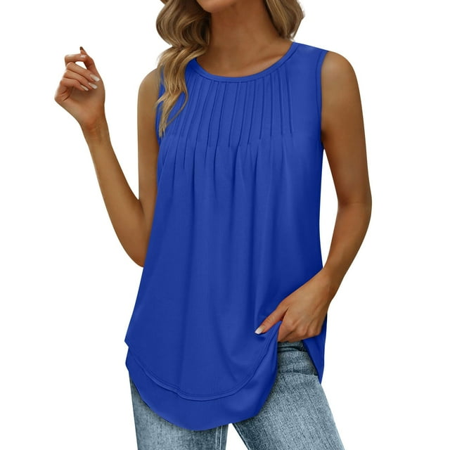 Timegard Tank Top for Women Ruched Round Neck Comfy Loose Casual Sleeveless Tee Shirts Solid Color