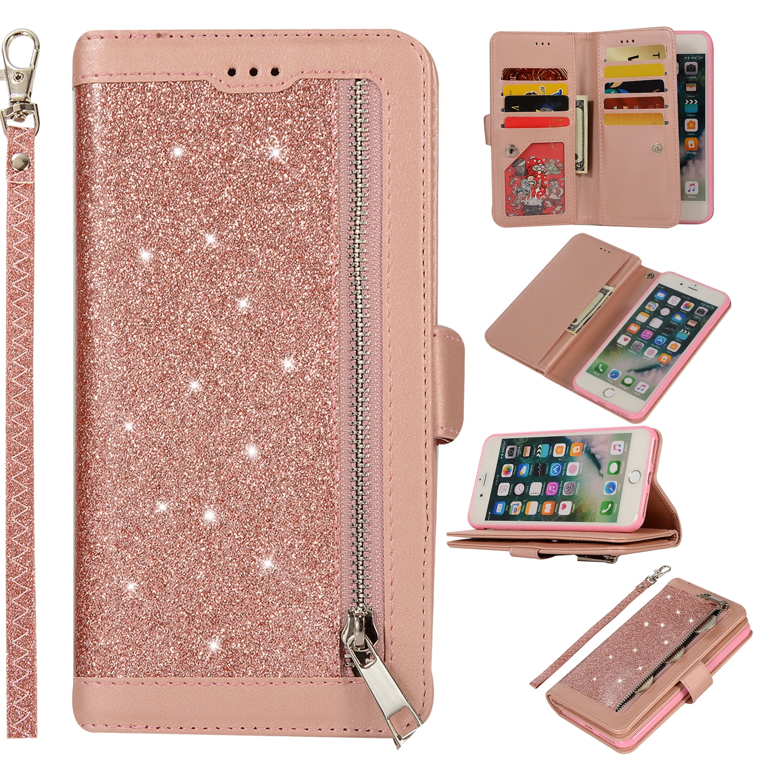 Zipper Wallet Case for iPhone 8 Plus iPhone 7 Plus 5.5-inch, Allytech Bling Glitter Leather Case with 9 Credit Card Holder Flip Magnetic Closure Stand Cover with Pocket and Hand Strap,