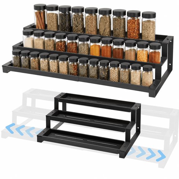 3-Tier Spice Rack Organizer for Kitchen Cabinet and Pantry, 14.5-26.2 in Expandable Metal Seasoning Shelf for Jars, Bottles and Cans, Black
