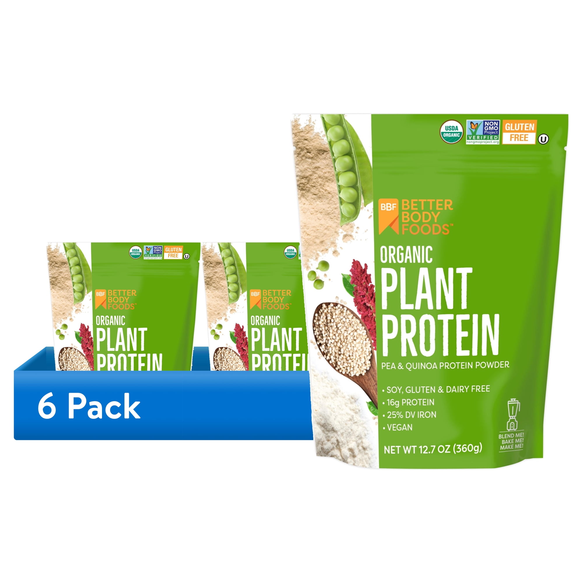 (6 pack) BetterBody Foods Organic Plant Based Protein Powder, 16g of Protein 24% DV, Vegan, 12.7 oz