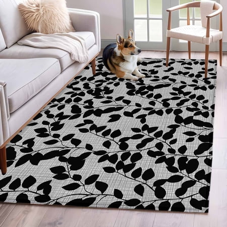 Grey Black Botanical Area Rug 3x5 FT Non Slip Entryway Bedside Carpet Pastoral Spring Floral Summer Art Washable Soft Floor Carpet Indoor Mat Non-Shedding Throw Rugs for Dorm Kitchen Home Office