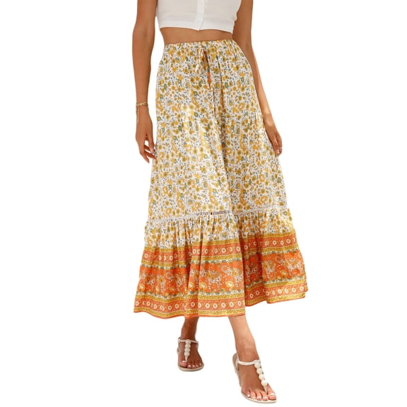 jinghuiyue Women’s Summer Boho Floral Printed Elastic High Waist Maxi Skirt Flowy Swing Casual A Line Beach Long Skirts S