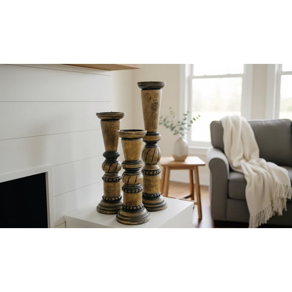 Round Wooden Decorative Candle Holder Rustic Wooden Pillar Candle Holders Set of 3, 18'' 15'' 12'' Farmhouse Wood Candle Stand Vintage Candleholders Decor for Living Room, Black