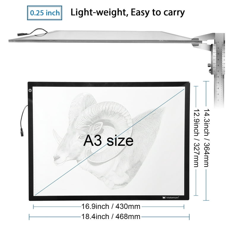 Voilamart A3 LED Light Box Tracer, 12V Ultra Bright 3-Level Dimmable  Brightness, Ultra-Thin LED Tracing Art Craft Light Pad Light Board with  Carry Case, for Artists Drawing Tattoo Sketching Animation