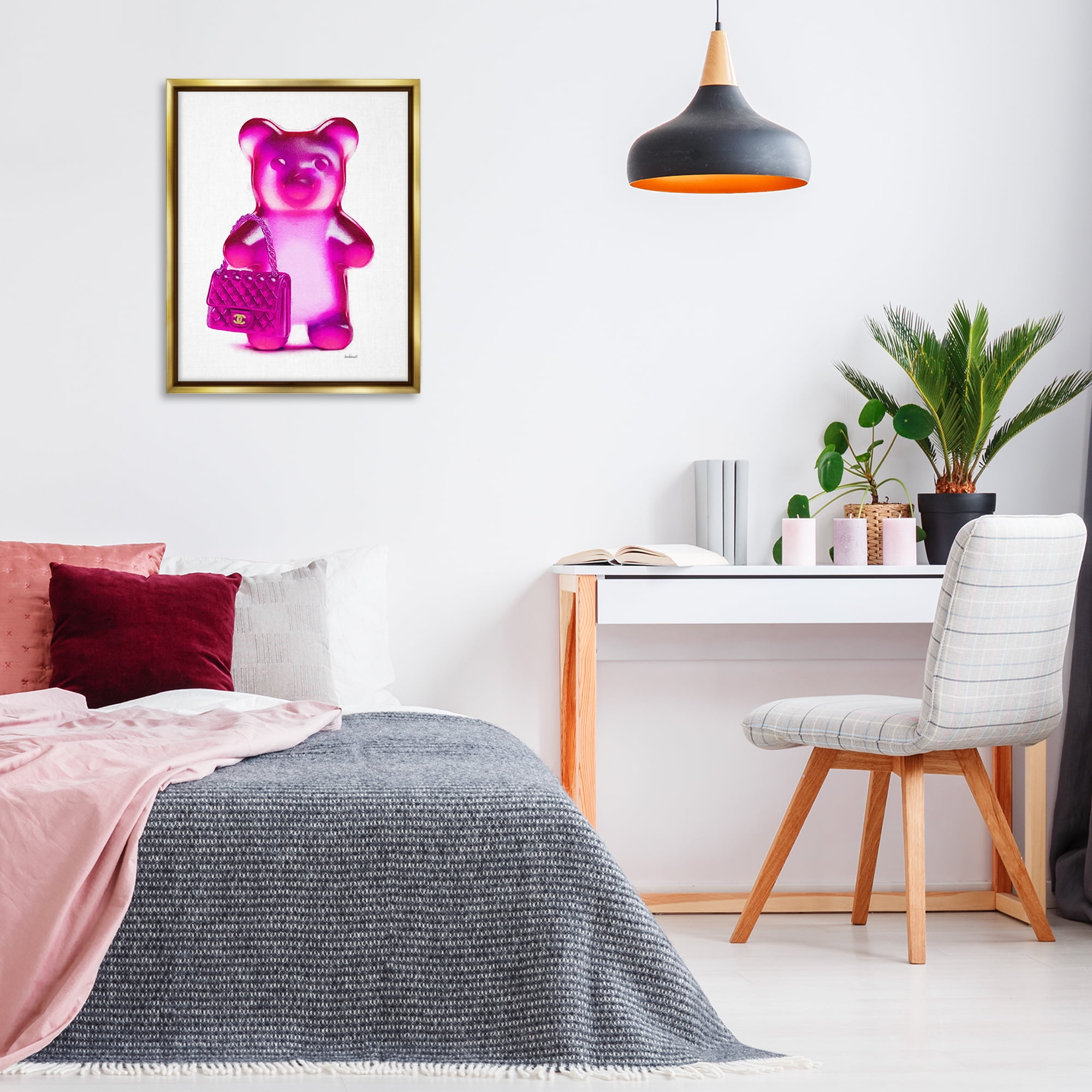 Stupell Industries Pink Bear & Purse Fashion Painting Gold Floater Framed Canvas Art Print Wall Art, 25 x 31