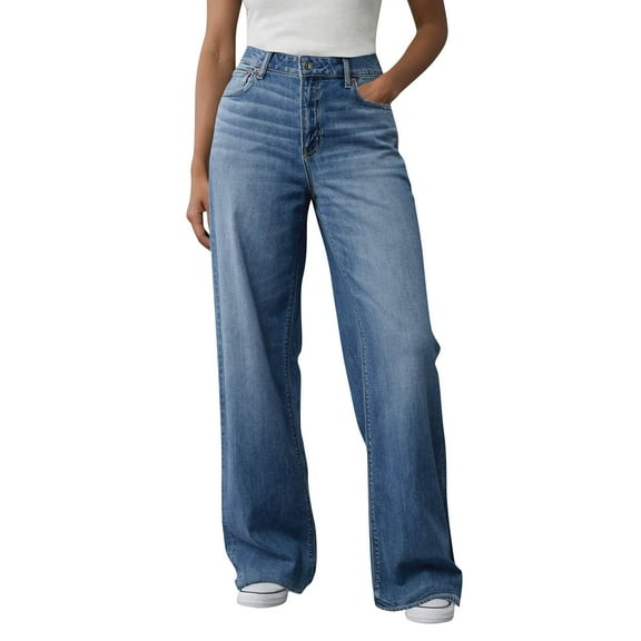 WTOBBY Women's High Waisted Stretchy Denim Jeans with Straight Leg Loose Fit, Flared Hem, and Ripped Back Pocket Details for a Trendy Casual Look,Light Blue L