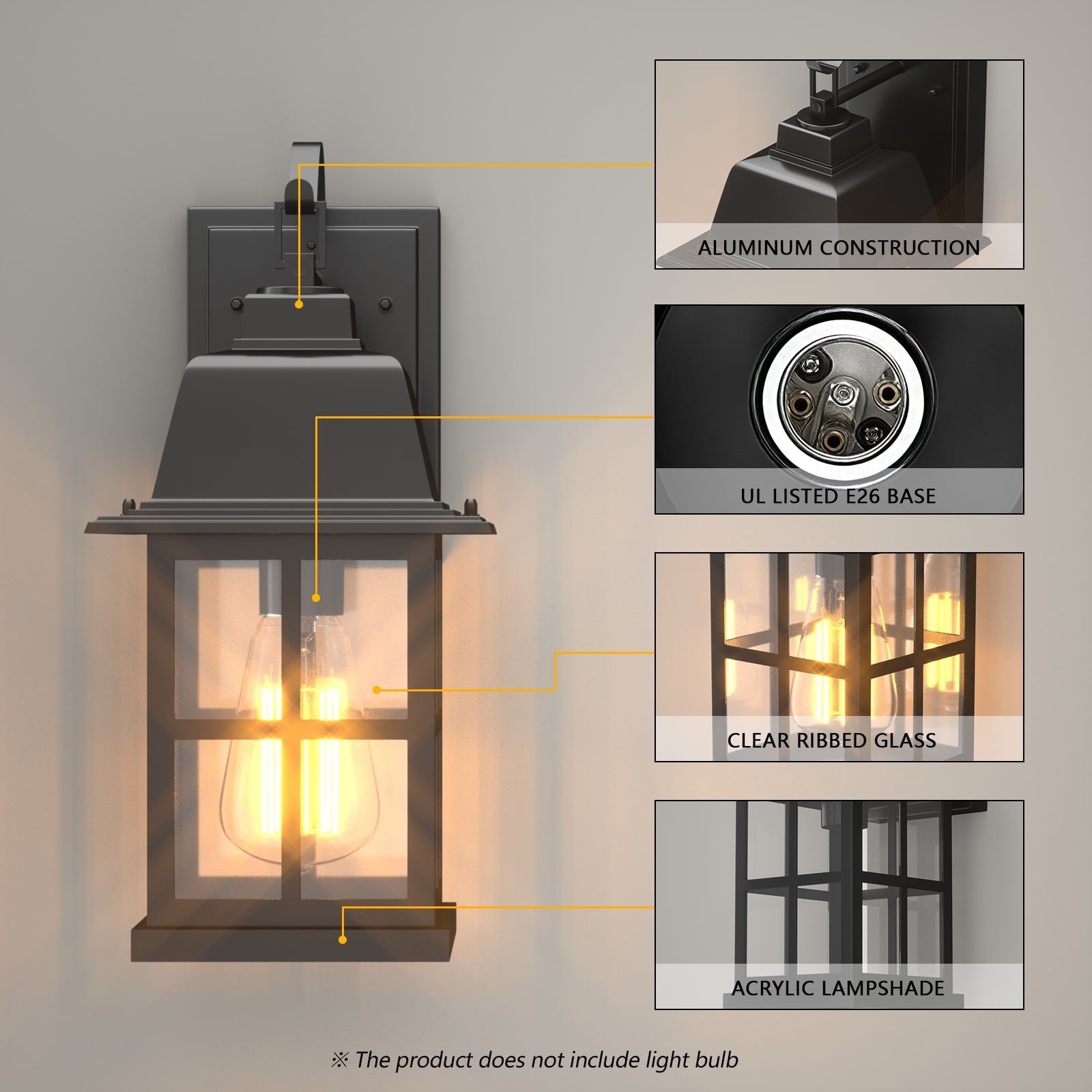 GEYANG Outdoor Light Fixtures Wall Mount, 100% Aluminium Waterproof Exterior Wall Lantern, Anti-Rust Outside Black Wall Sconce Porch Lights for House Garage, Doorway, Bulbs Not Included