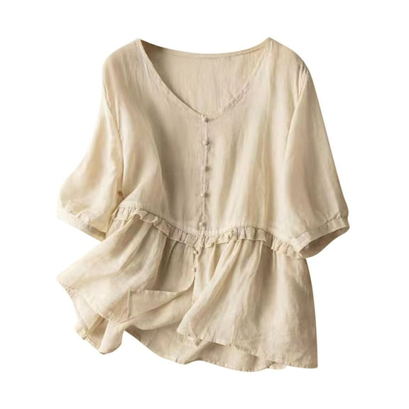 CQONEPT Cotton Linen Shirts for Women Button Down V Neck Tops Summer Short Sleeve T-Shirt,Green