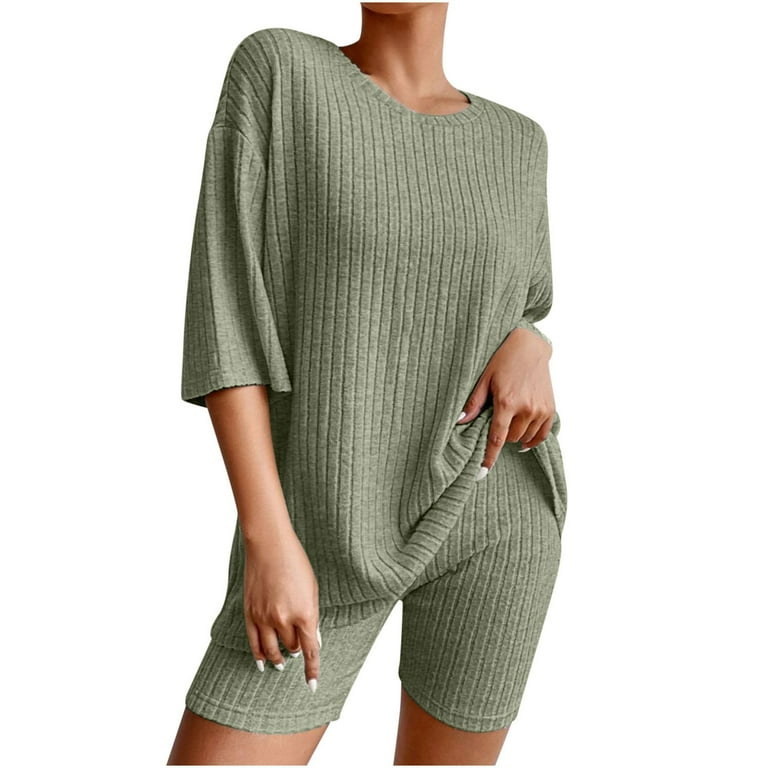 2 Piece Set for Women Casual Pajama Solid Color Crew Neck Short Sleeve  Loose Fit Tops And Wide Leg Comfy High Waist Shorts 