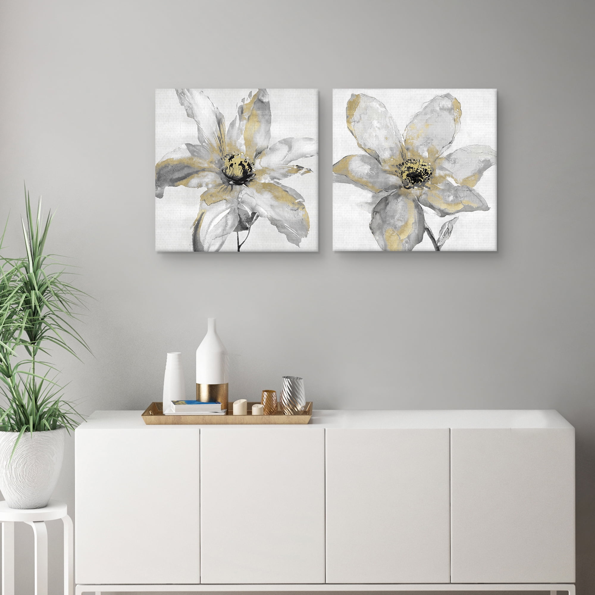 Gold Hearted Flower, Petals and Gold by Tania Bello Floral Canvas Art Set of II
