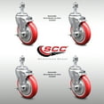 thumbnail image 2 of 5 Inch SS Red Polyurethane Wheel Swivel ½ Inch Threaded Stem Caster Set Brake, 2 of 2