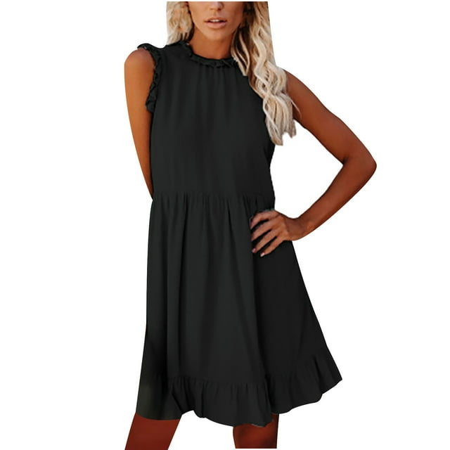 Fridja Womens O-Neck Été Sans Manches Solide Soirée Sling Mini Robe