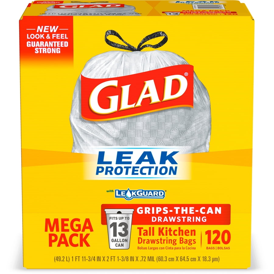 Glad ForceFlex Tall Kitchen Drawstring Trash Bags - 13 gal Capacity - 24  Width x 27 Length - 9 mil (229 Micron) Thickness - White - Plastic -  144/Pallet - 100 Per Box - Kitchen, Office, Day Care, Restaurant, School -  Office Supply Hut