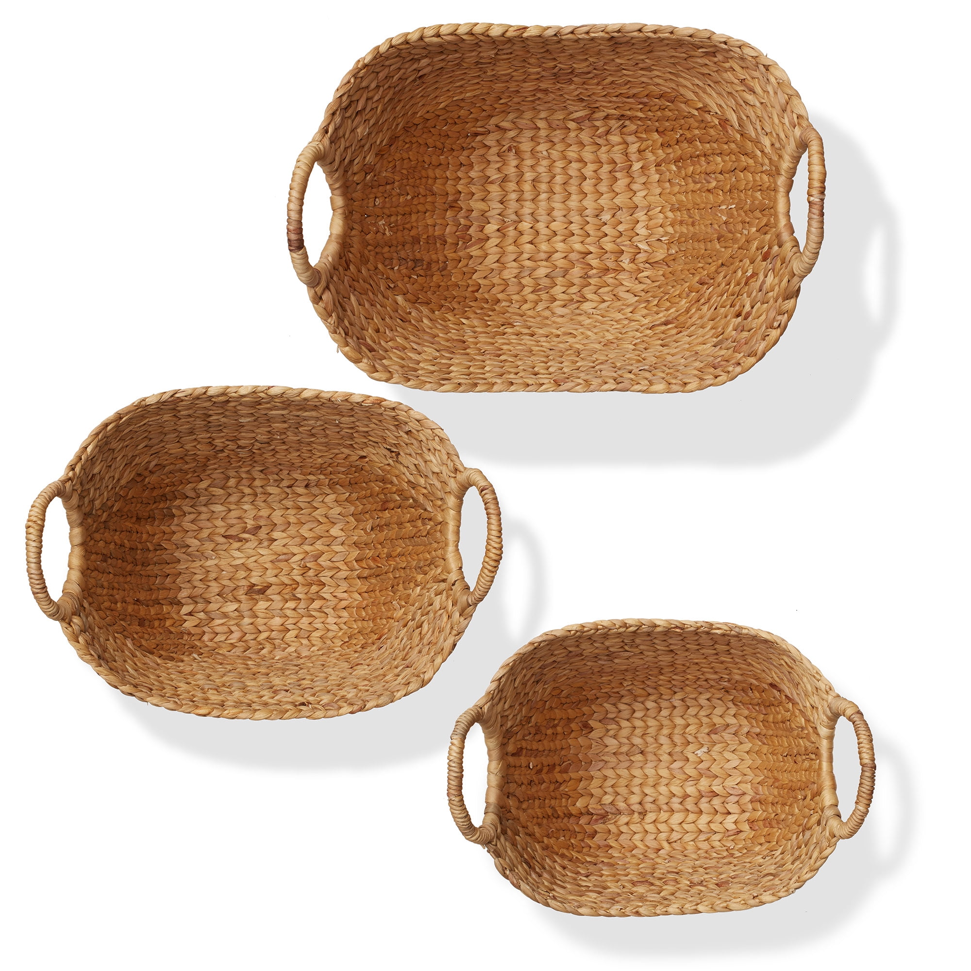Casafield Set of 3 Boat Baskets with Handles - Natural, Woven Water Hyacinth Storage Organizers for Blankets, Laundry, Bathroom, Bedroom, Living Room