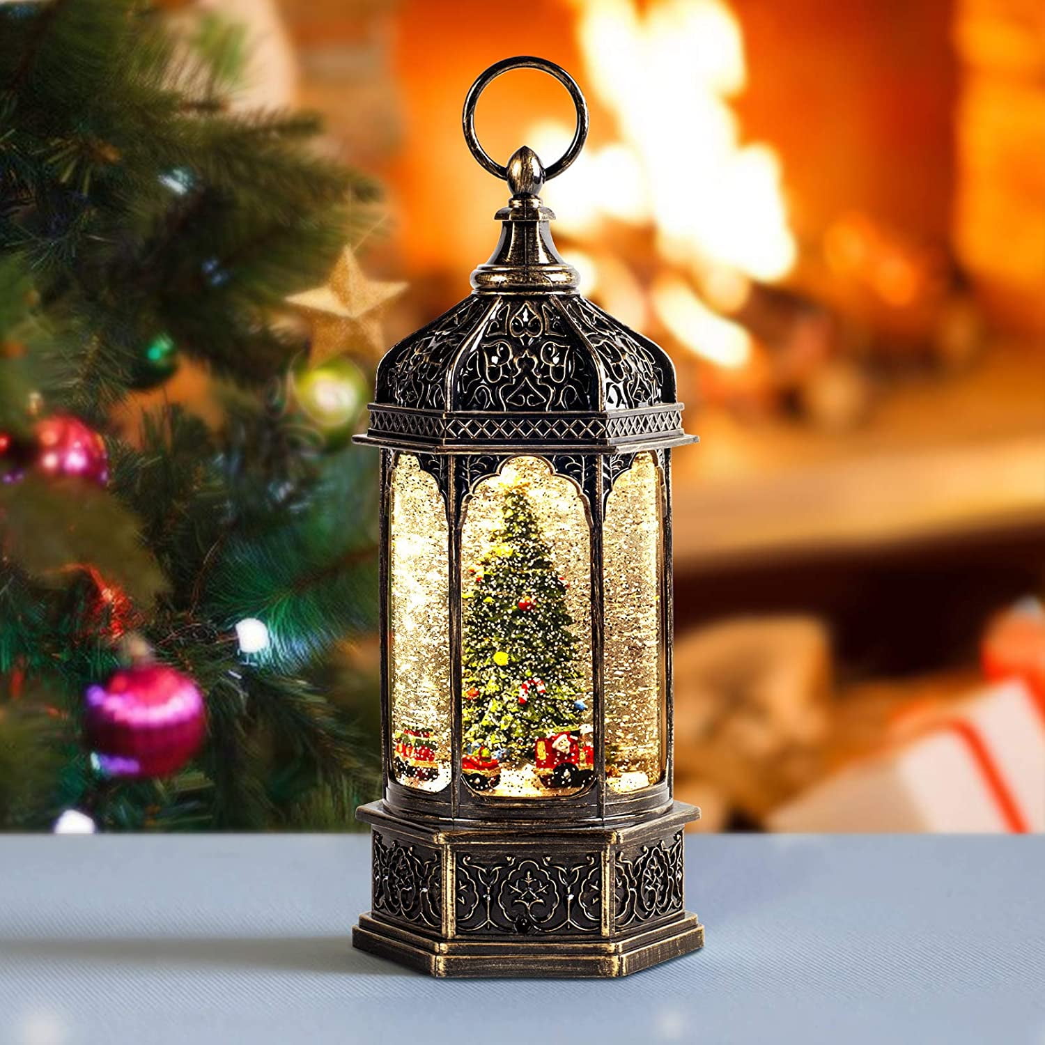 Vintage Radio Shaped Christmas Spinning Glitter Water Snow Globe Lantern Set 