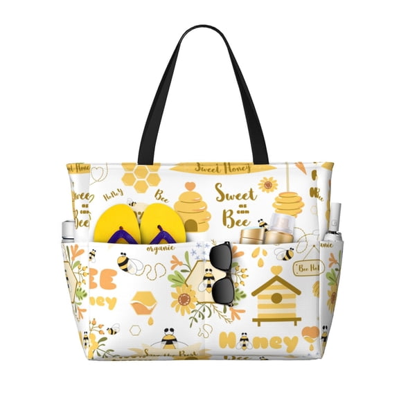 Defioc Farm Bee Cute Honey Pattern Beach Bag for Women - Large Beach Tote Bag Waterproof Sandproof Swim Pool Bag Everyday Bag Handbags with Zipper