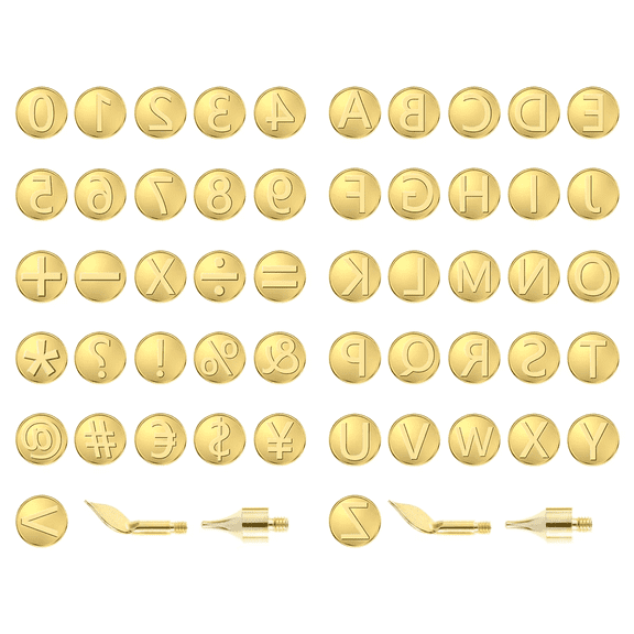 SanGlyptic 56Pcs Wood Burning Tip Set Letter Wood Burning Tool Including Alphabet Number Symbol Durable Brass Alphabet Number Template for DIY Embossing Carving Craft Wood Burning