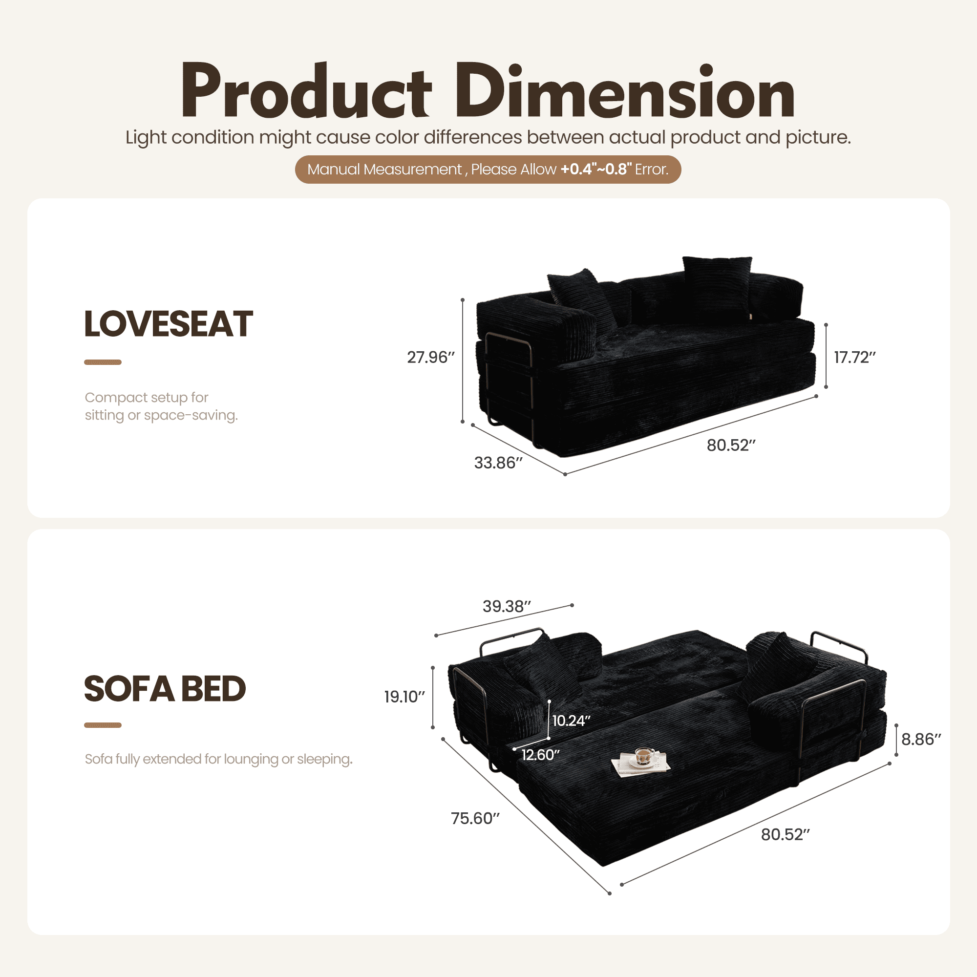 Toject 81" Convertible Sleeper Sofa Bed, Cloud Corduroy Floor Couch with Pillow, Comfy Foldable Couch Sofa Bed for Living Room, Bedroom, Black