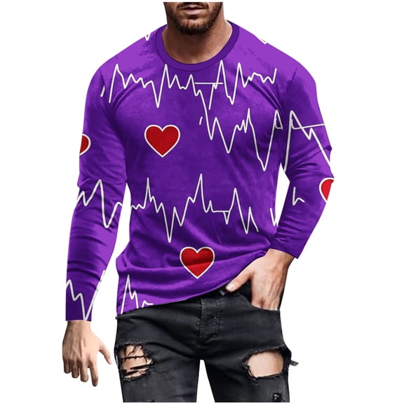 SERTG Men's Casual Long Sleeve T-Shirt Fall Winter Valentine's Day Heart Print Combed Cotton Round Neck Loose Fits Stylish Casual Top for Men(Purple,M)