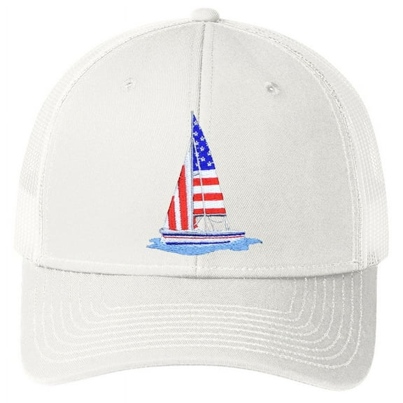 Patriotic Sailboat Sailing Patch USA Flag Trucker Mesh-Back Adult Hat Cap - Solid White