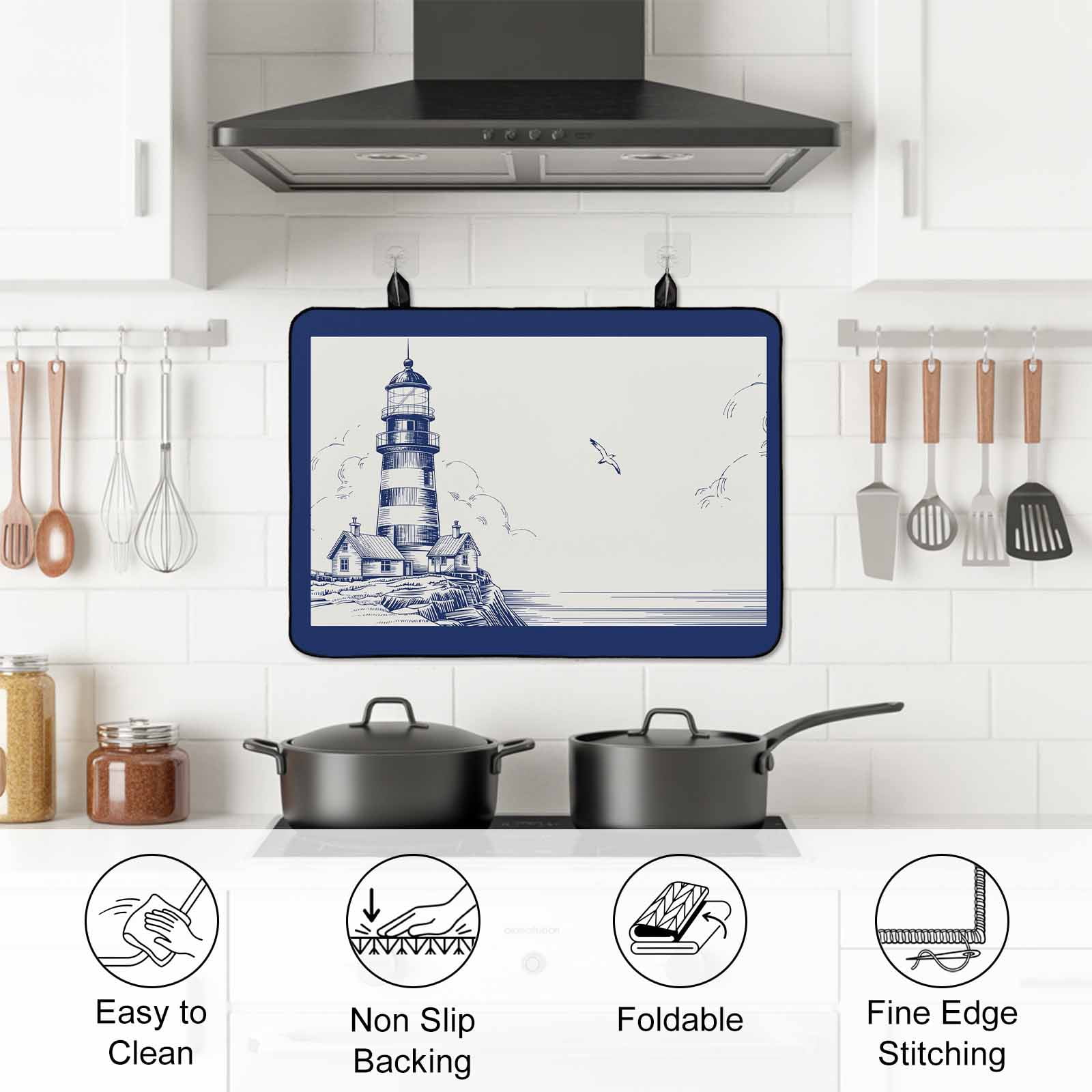 Lighthouse Stove Top Cover for Electric Stove, Heat-proof & Non Slip Glass Top Stove Cover Protector, Ocean Seagull Vintage Navy Blue Coastal Boat Kitchen Flat Cooktop Rubber Mat 36x21 Inches
